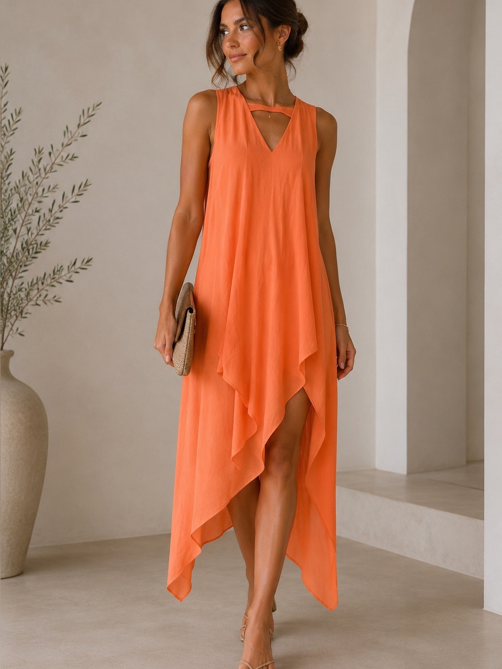 RW&CO. Orange Asymmetrical Sundress V-Neck Sleeveless